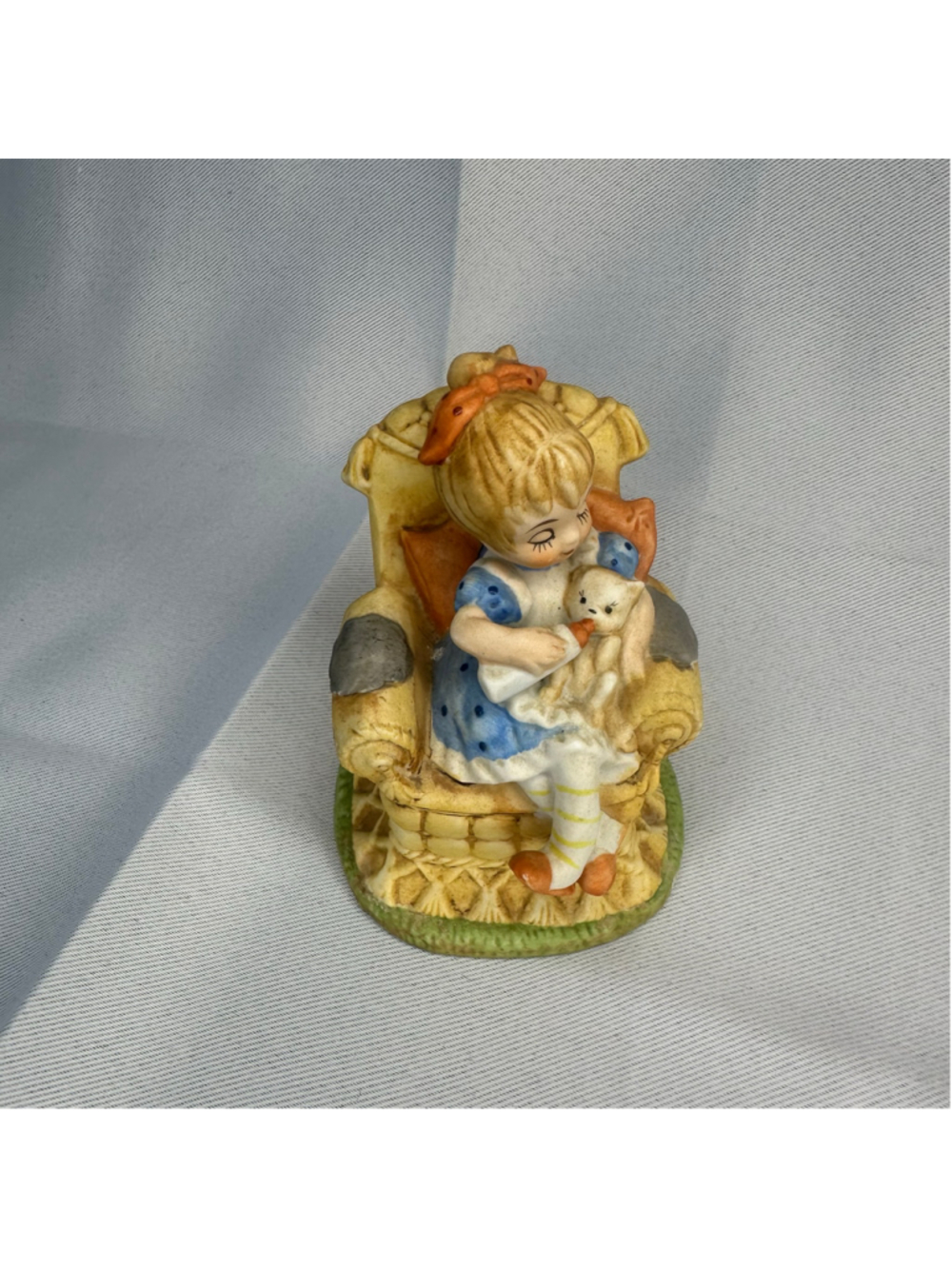 Vintage Lefton Girl in Armchair Feeding Kitten Cat Figurine Porcelain #7136